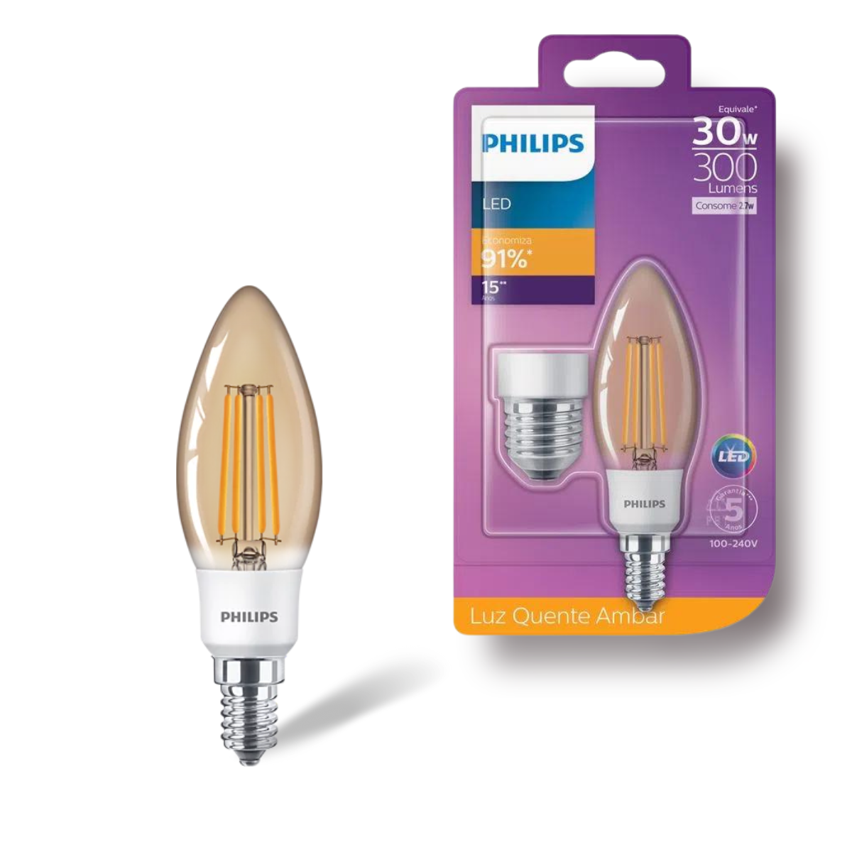 Kit De 10 Lâmpadas Led 2.7w Vela Philips Âmbar Bocal E14 E27