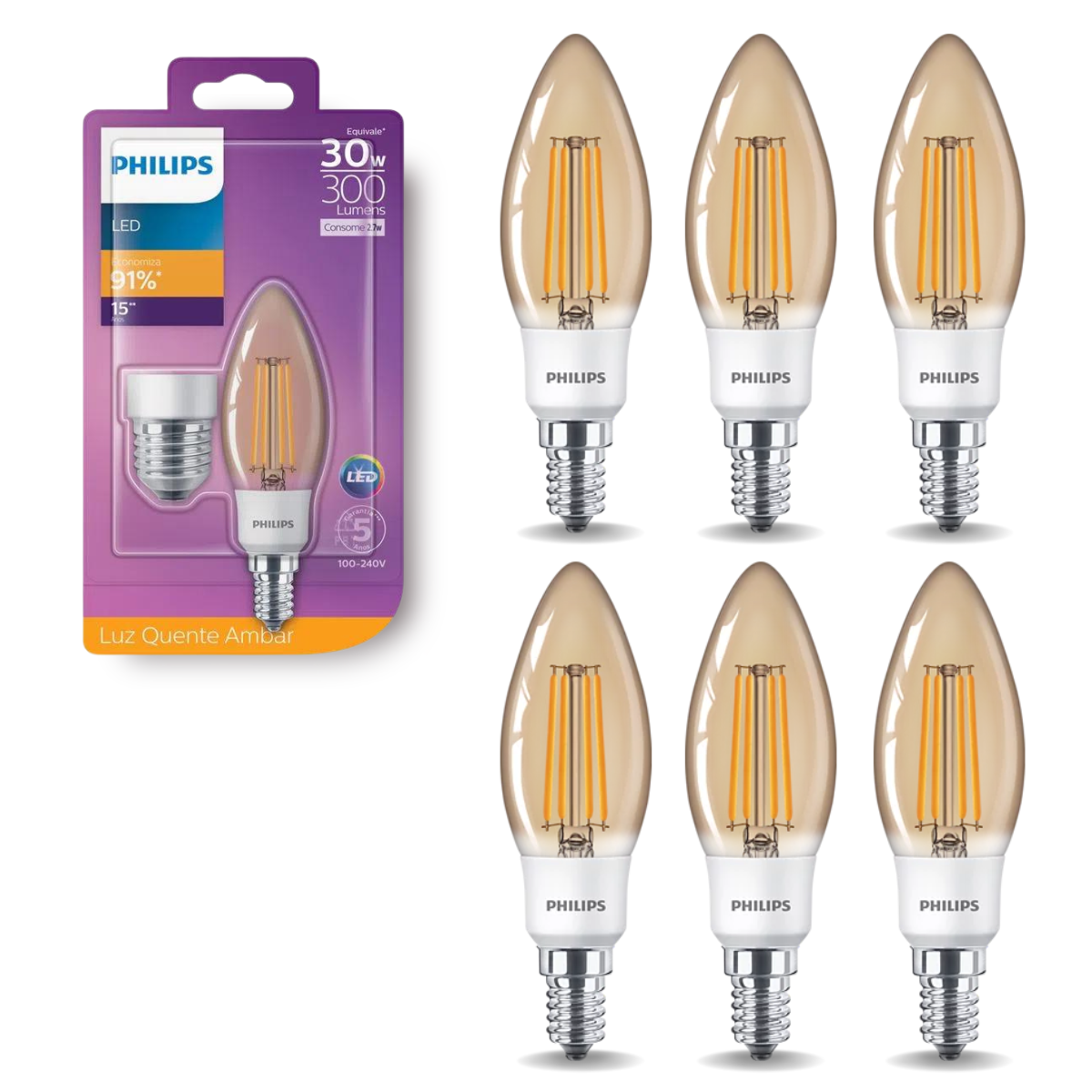 Kit De 10 Lâmpadas Led 2.7w Vela Philips Âmbar Bocal E14 E27